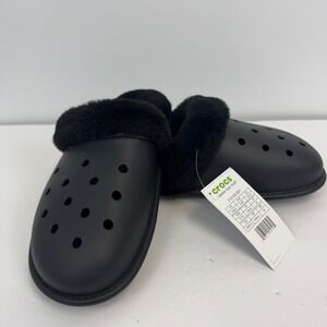 Crocs Classic Fuzz Scuff Black Faux Fur Lined Slipper Shoes 212143-001 SZ 7 NEW